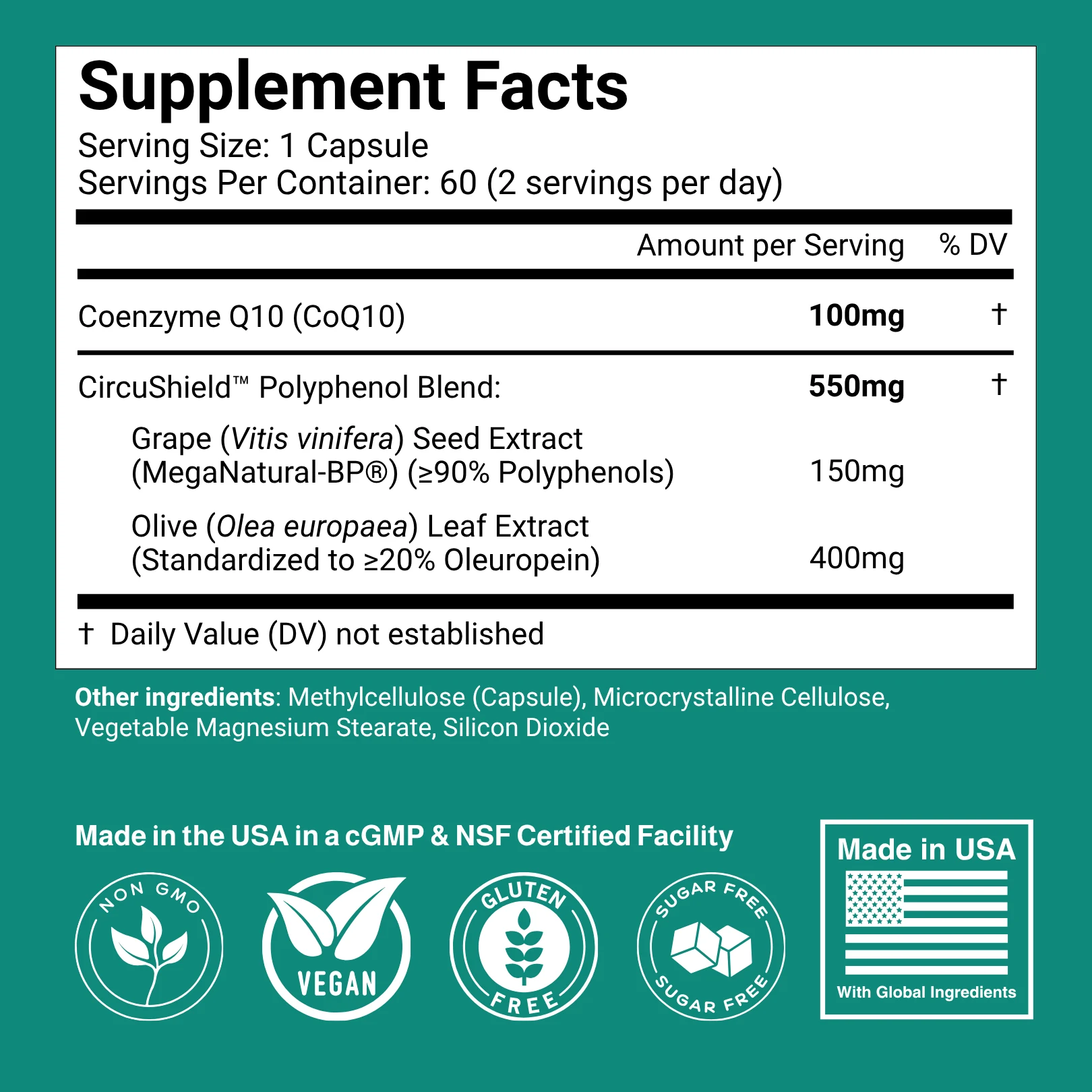 Supplement facts and quality credentials graphic for Flow