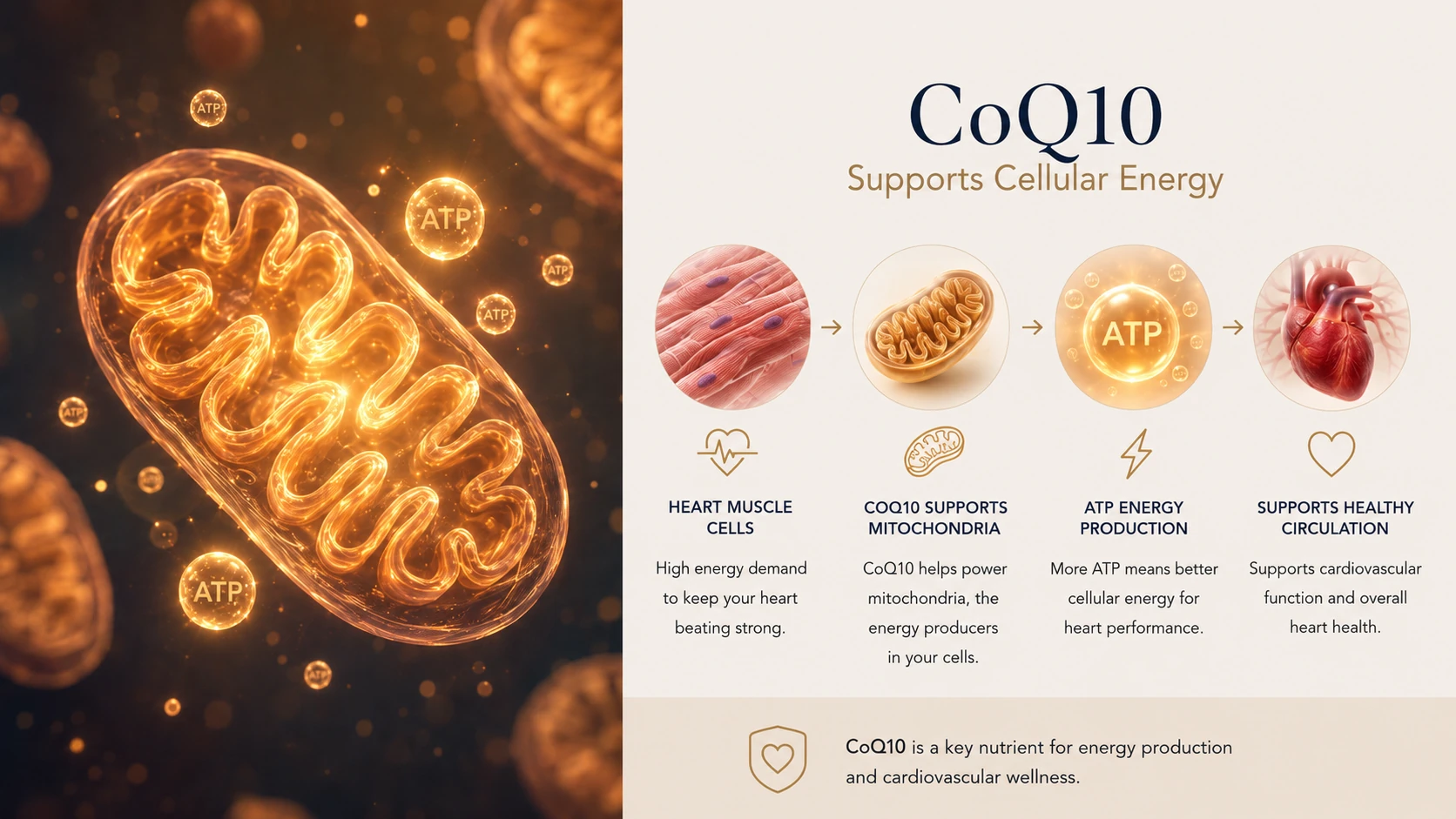 CoQ10 ingredient infographic — supports mitochondrial energy production and cardiovascular function