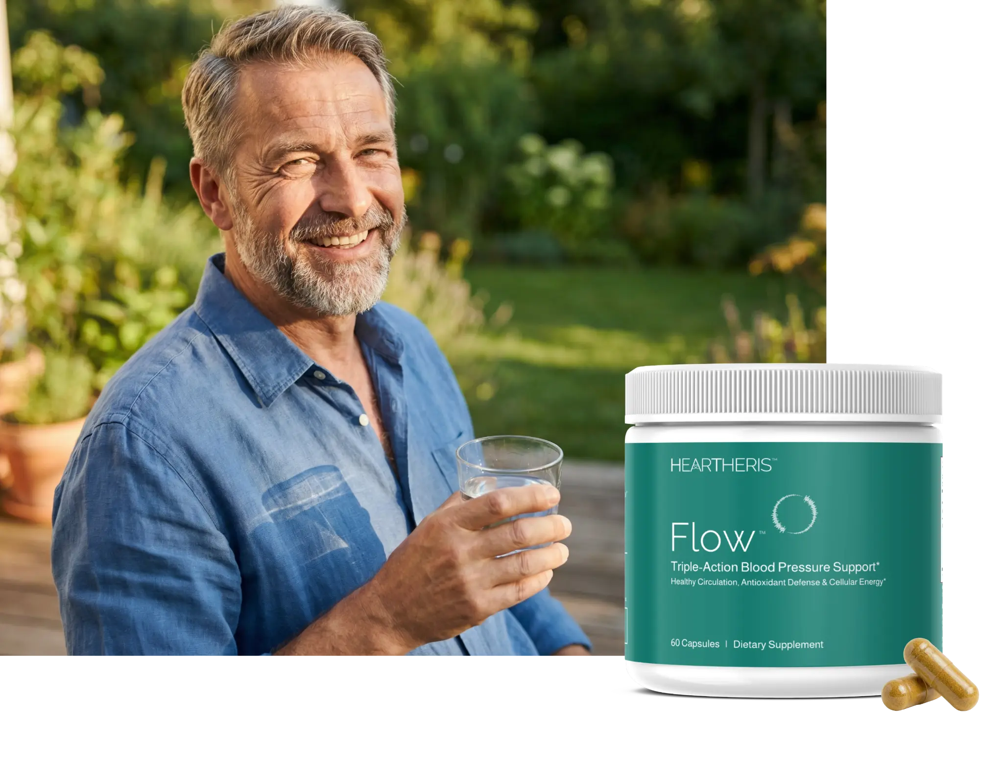 Man holding water glass outdoors with Flow™ supplement