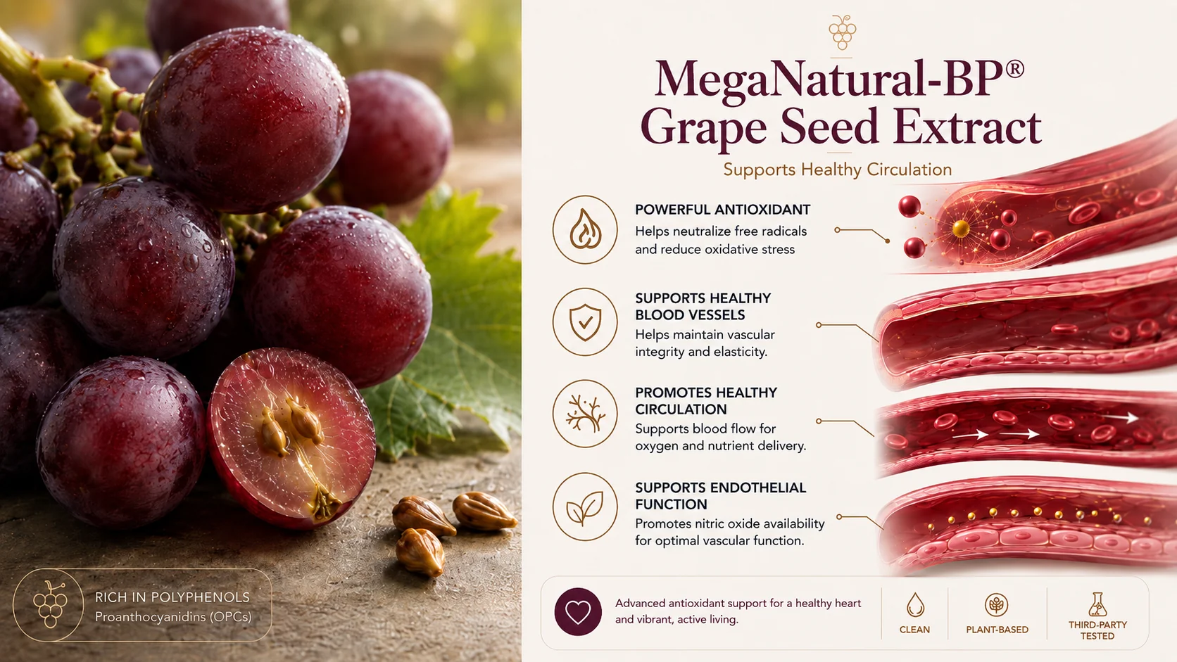 MegaNatural-BP® grape seed extract ingredient infographic — supports healthy circulation, vascular protection and endothelial function