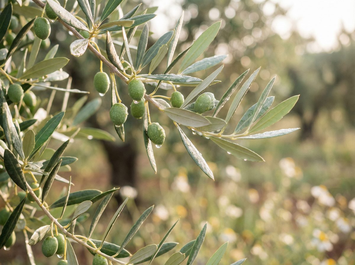 Fresh olive leaves on the branch in Mediterranean sunlight