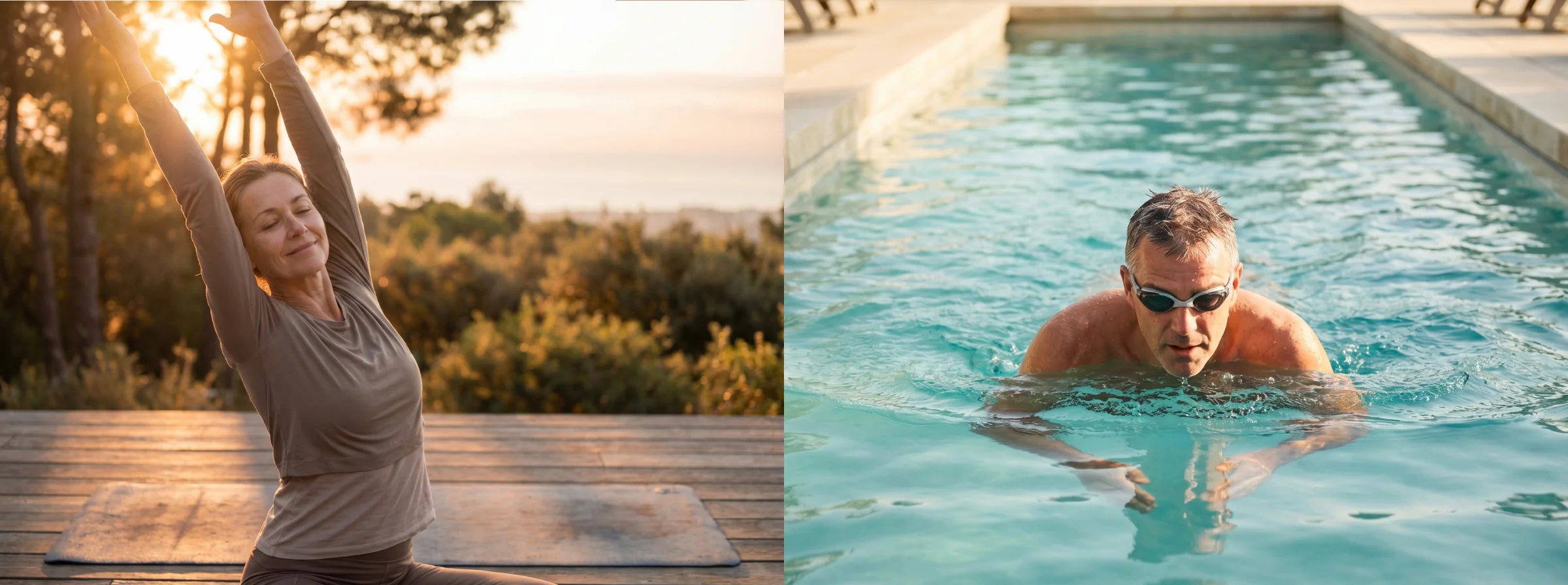 Woman doing yoga at sunrise and man swimming laps in outdoor pool