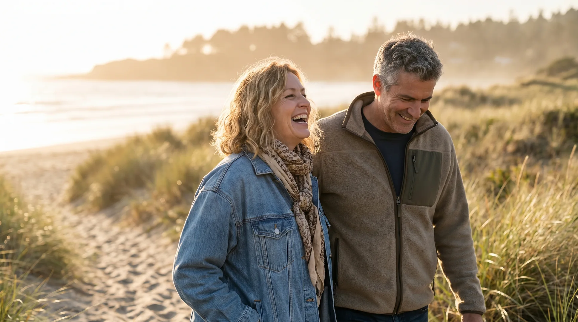 Couple walking together on a beach path, laughing