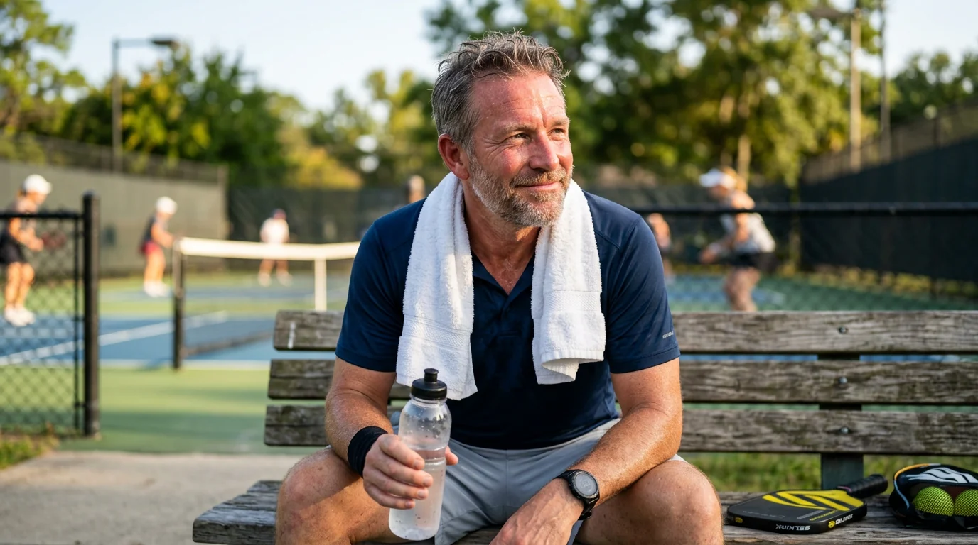 Man resting courtside after a pickleball game, relaxed and energized