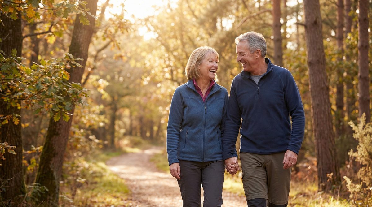 Active couple enjoying outdoor walk at golden hour