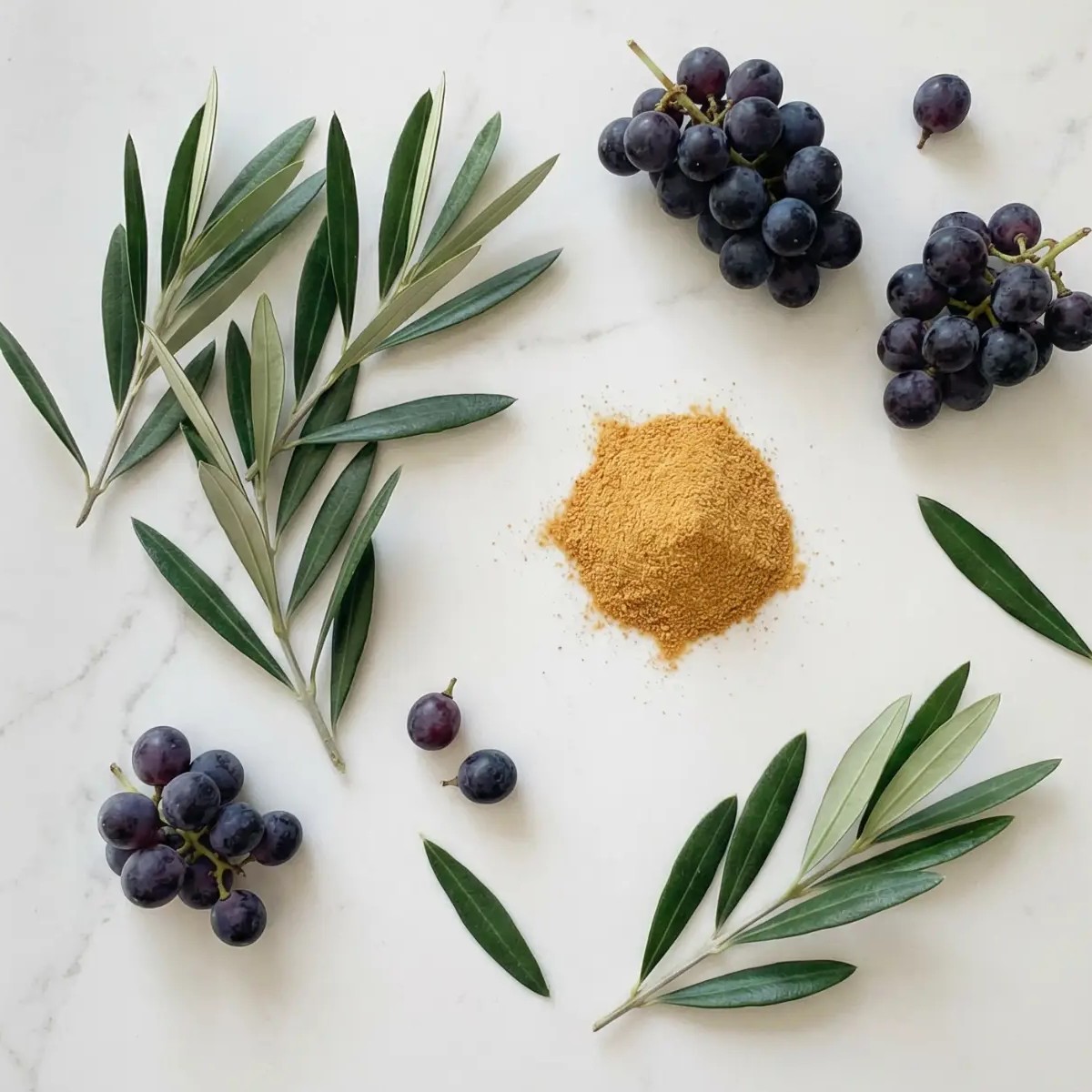 Natural ingredients flatlay: olive leaves, grapes, and botanical powder