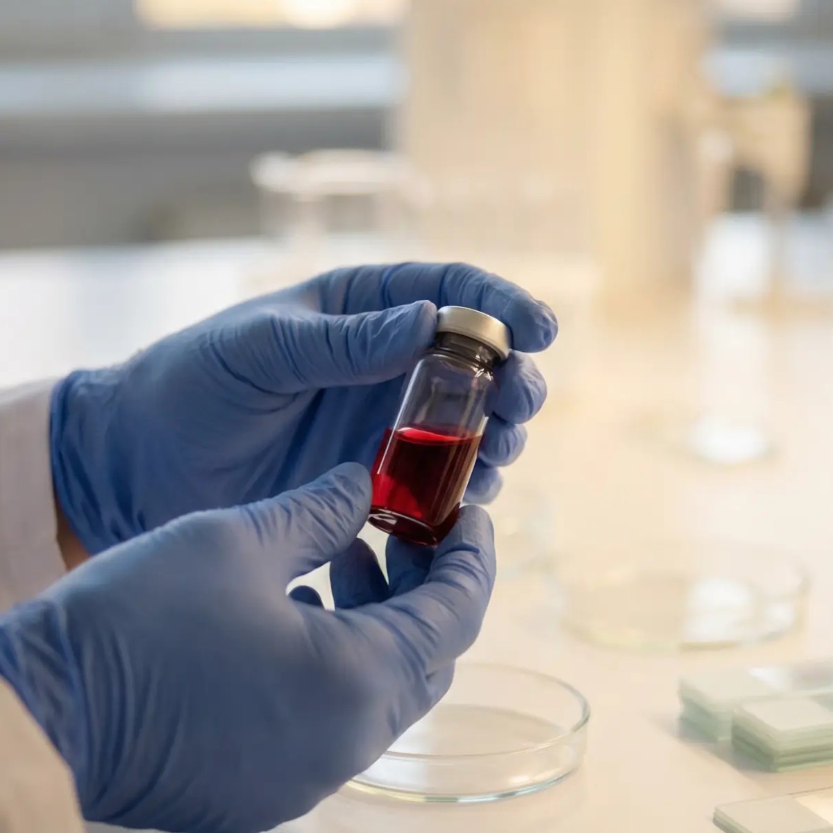 Researcher examining a vial of extract in laboratory